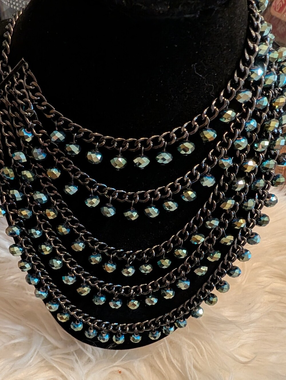 Multi-Strand Iridescent Beaded Chain Necklace - Black